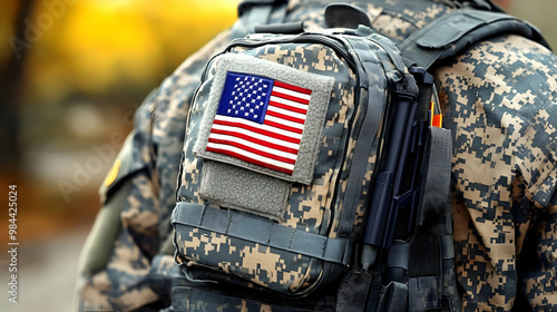 Close-up View of a Military Backpack with an American Flag Patch, Displaying a Camouflage Pattern and Straps, on a Soldier's Uniform