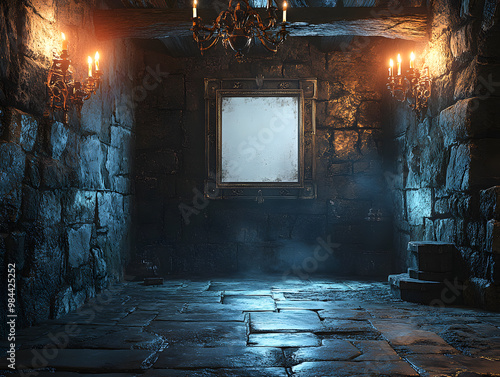 Candles Flicker in Medieval Chamber, Casting Shadows on Ancient Wall photo