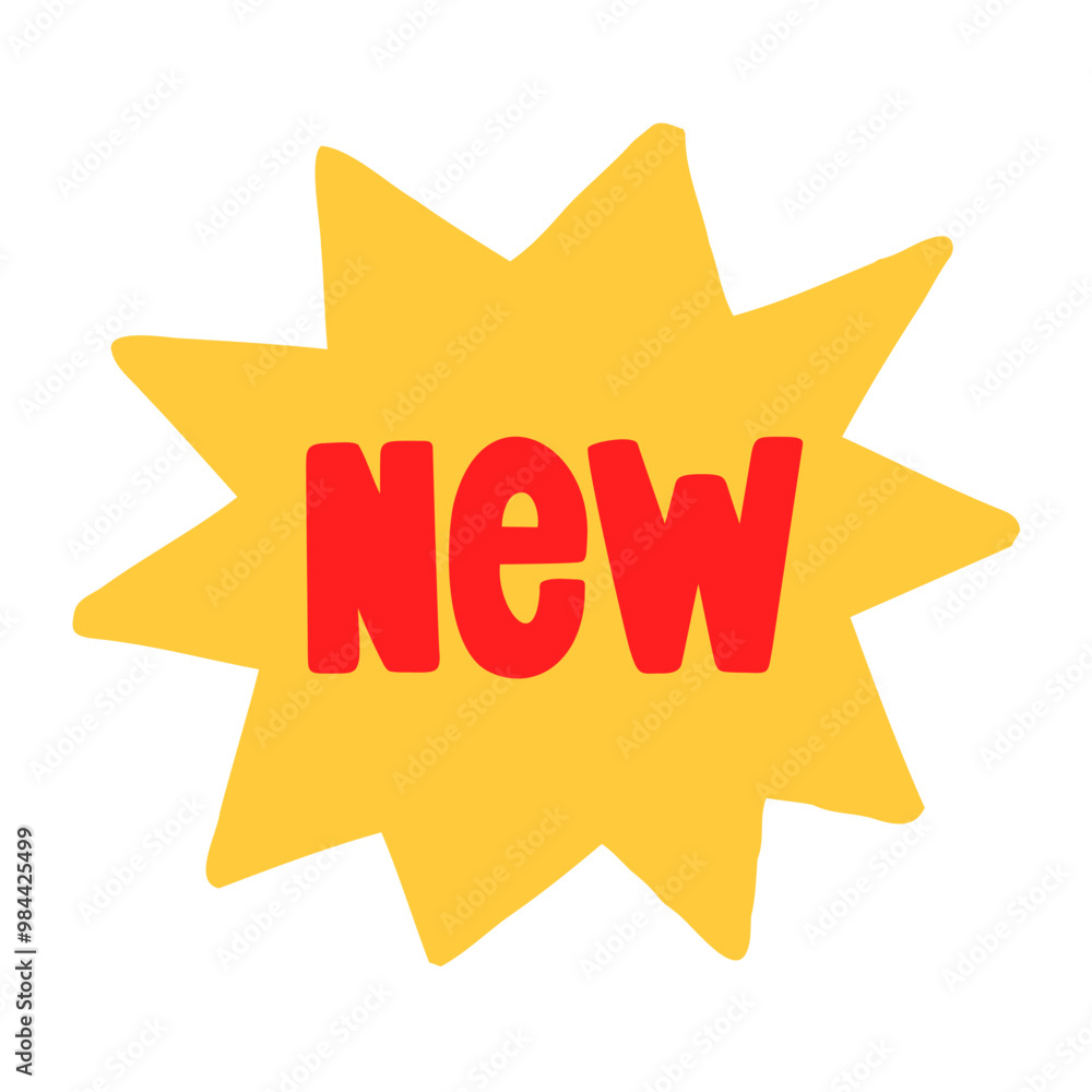 Hand-drawn star label with new text. Creative sticker symbolizing novelty, fresh ideas, and innovation. Vector illustration for product launches, announcements, and creativity. Hand-drawn star label with new text. Creative sticker symbolizing novelty, fresh ideas, and innovation. Vector illustration for product launches, announcements, and creativity.