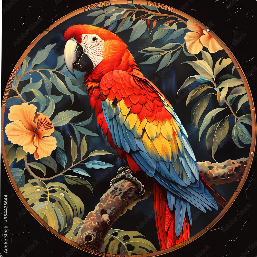 Obraz premium Art nouveau artistic image of Scarlet Macaw in a round shape