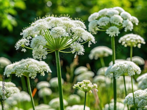 Tiny, delicate white blooms unfurl on slender stems against a lush green backdrop, creating a striking visual contrast.