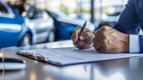 Man Signing Asset Promissory Document in Car Showroom photo