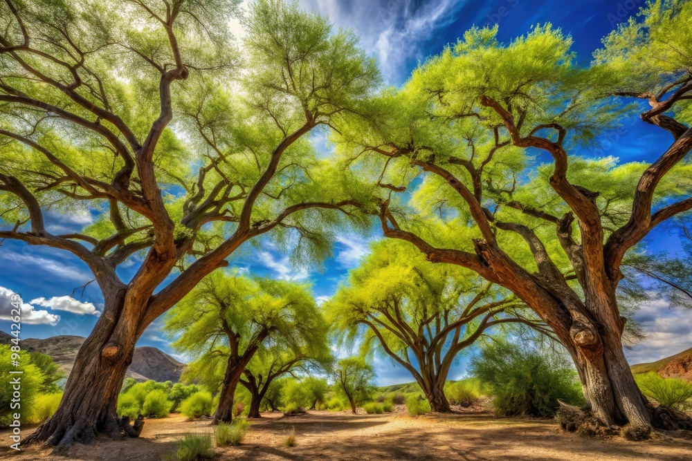 Towering palo verde trees stand tall, their trunks twisted and gnarled, reaching for the sky as lush green leaves provide a pop of color in the desert. Towering palo verde trees stand tall, their trunks twisted and gnarled, reaching for the sky as lush green leaves provide a pop of color in the desert.