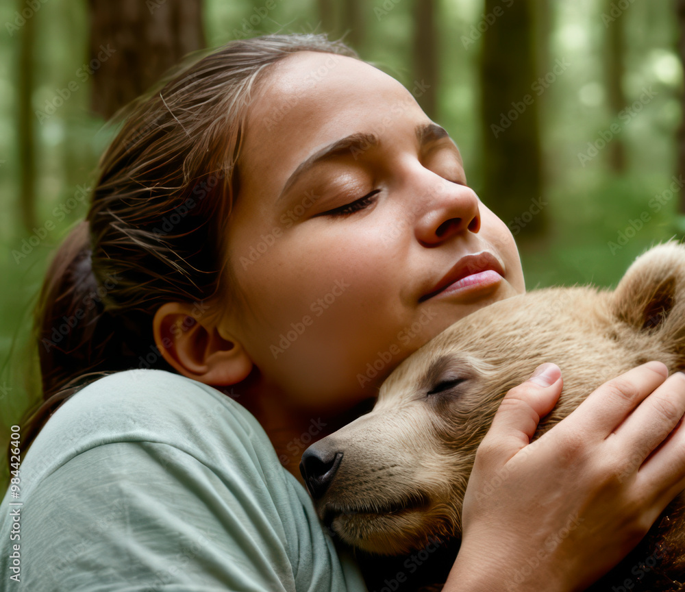 A young girl gently hugs a bear cub in a serene forest environment, showcasing a harmonious bond between humans and wildlife. The scene conveys warmth, innocence, and tranquility. A young girl gently hugs a bear cub in a serene forest environment, showcasing a harmonious bond between humans and wildlife. The scene conveys warmth, innocence, and tranquility.