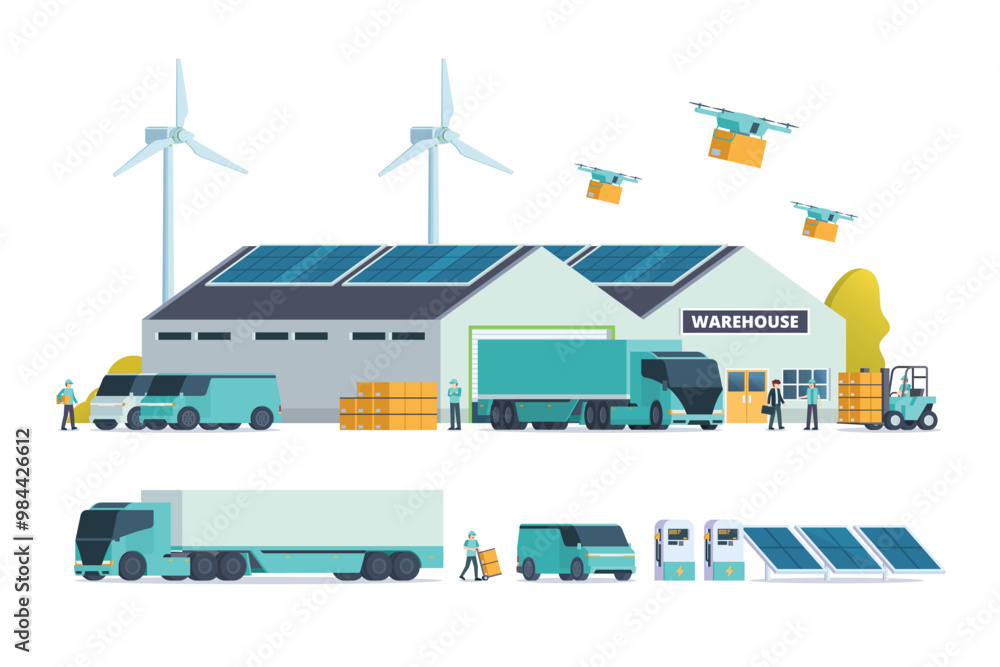 Fototapeta premium Modern flat Illustration of Green Sustainable Warehouse Building, storage. truck and container. Warehouse Management, Logistic Management. vector illustration