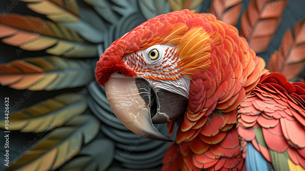 Fototapeta premium Luxurious Scarlet Macaw with an open tail, full face, jewelry