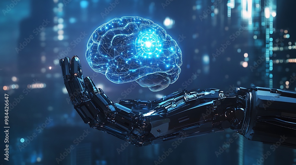 Futuristic AI and Artificial Intelligence Vision with Robotic Hand Holding a Digital Brain, Symbolizing Advanced AI, Future Technology, and Innovation.10 Futuristic AI and Artificial Intelligence Vision with Robotic Hand Holding a Digital Brain, Symbolizing Advanced AI, Future Technology, and Innovation.10