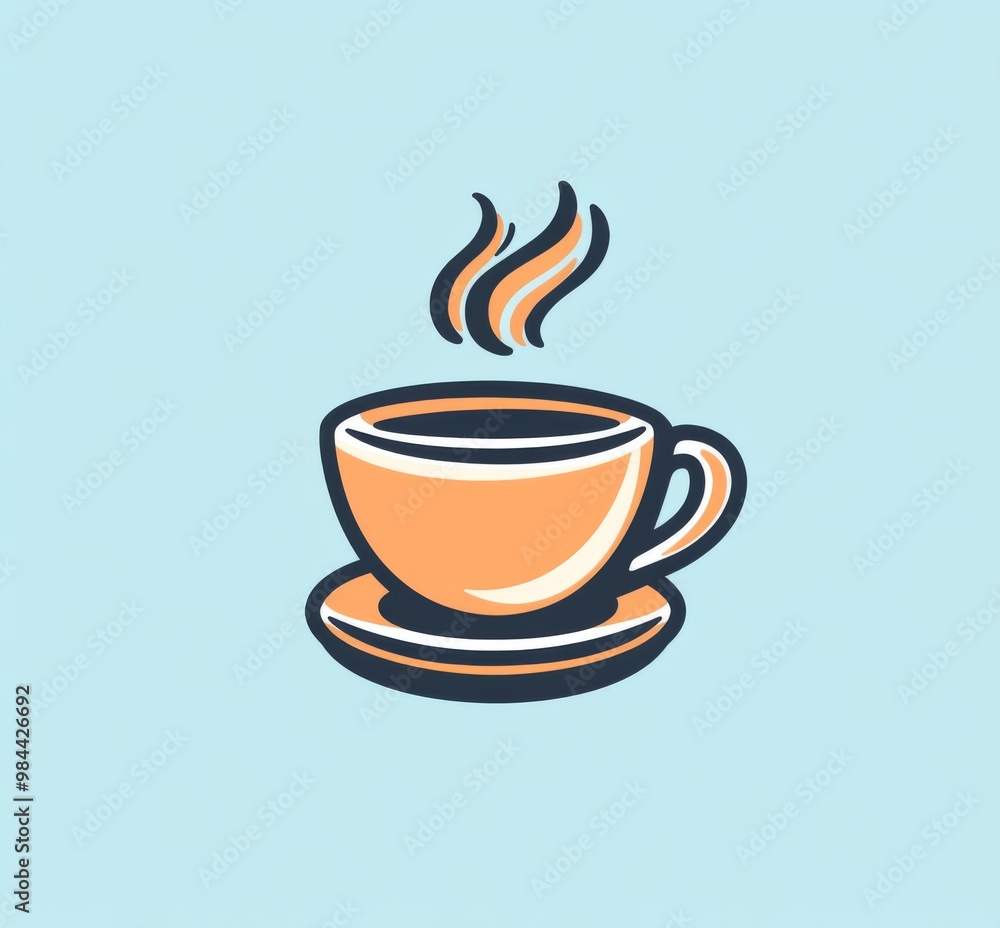 logo featuring a coffee cup illustration with steam, designed with bold lines and simple shapes against a light blue background. This flat design aesthetic is perfect for coffee enthusiasts. logo featuring a coffee cup illustration with steam, designed with bold lines and simple shapes against a light blue background. This flat design aesthetic is perfect for coffee enthusiasts.