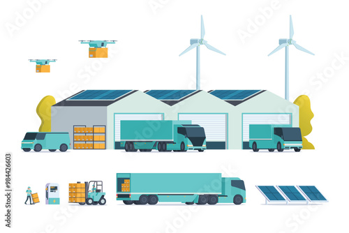 Modern flat Illustration of Green Sustainable Warehouse Building, storage. truck and container. Warehouse Management, Logistic Management. vector illustration