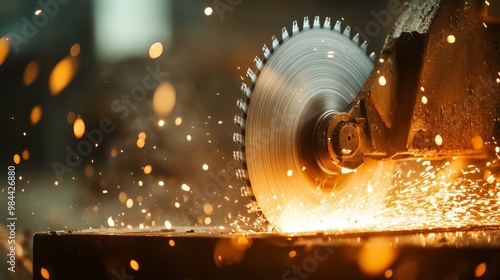 Circular Saw Blade in Motion with Flying Sparks