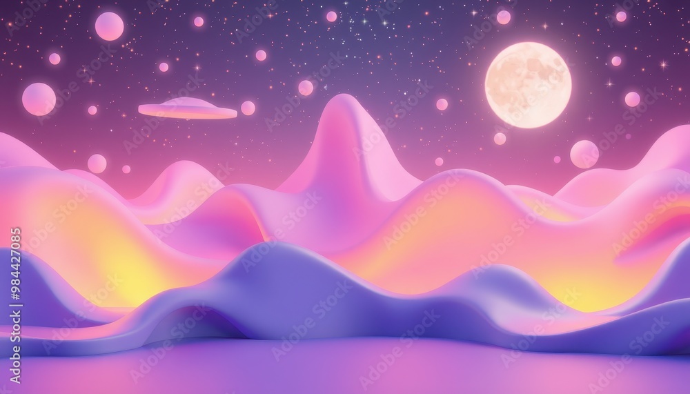 Abstract 3D landscape with a pink gradient, glowing spheres, and a large moon in the background. Abstract 3D landscape with a pink gradient, glowing spheres, and a large moon in the background.
