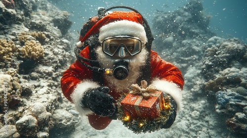 A magical underwater Christmas scene with marine creatures like dolphins and turtles decorating coral reefs with glowing ornaments and seaweed garlands, Santa wearing a diving suit delivering gifts to photo