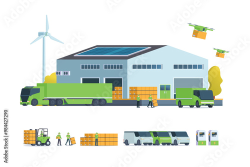 Modern flat Illustration of Green Sustainable Warehouse Building, storage. truck and container. Warehouse Management, Logistic Management. vector illustration