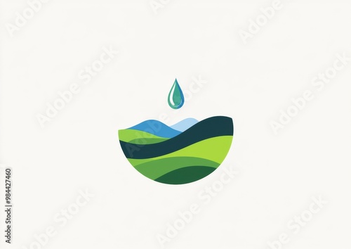  logo featuring a water drop filled with a landscape, designed in green and blue colors on a clean white background. This logo embodies environmental themes photo