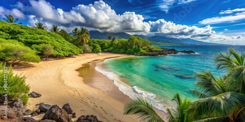 Turquoise waters gently lap against the shore, where soft white sand meets the vibrant green of lush vegetation on Maui's idyllic north coast.