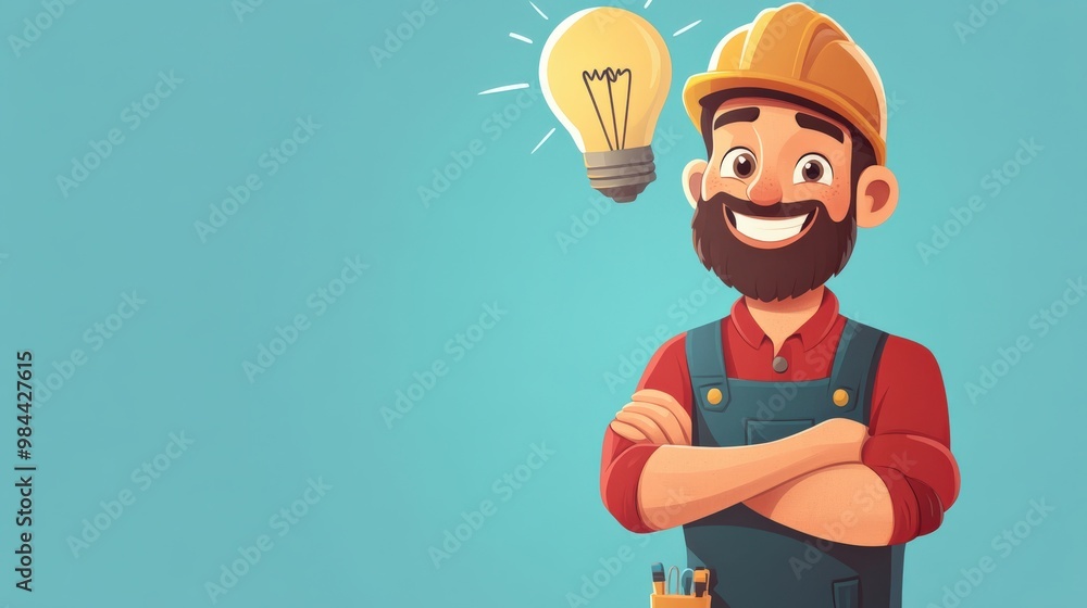 Cartoon repairman smiling with an idea light bulb over a blue background Cartoon repairman smiling with an idea light bulb over a blue background