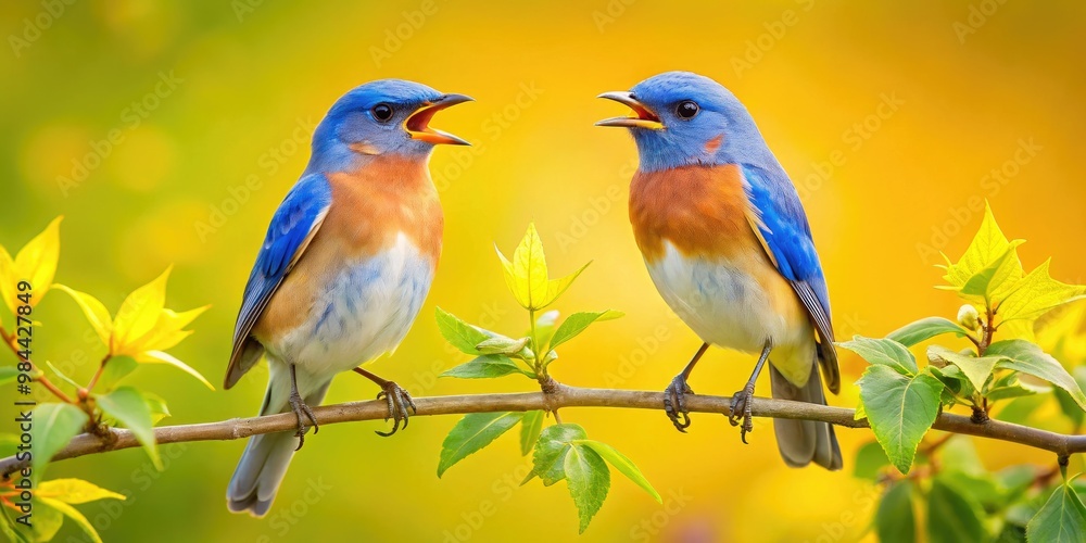 Two bluebirds flutter in the sky, their bright songs filling the air as they perch on lush green branches against a radiant yellow sun. Two bluebirds flutter in the sky, their bright songs filling the air as they perch on lush green branches against a radiant yellow sun.