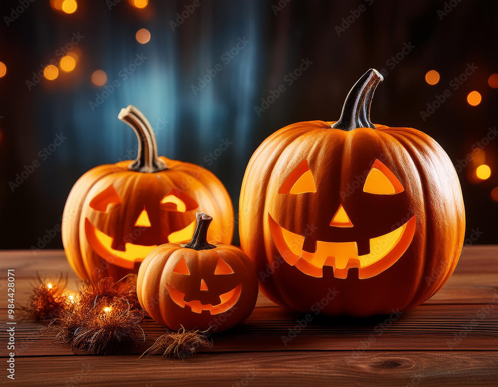 Halloween celebration with glowing jack-o'-lanterns on a rustic wooden table surrounded by twinkling lights Halloween celebration with glowing jack-o'-lanterns on a rustic wooden table surrounded by twinkling lights