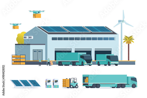 Modern flat Illustration of Green Sustainable Warehouse Building, storage. truck and container. Warehouse Management, Logistic Management. vector illustration