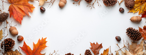 Fall themed background with leaves, pine cones, and acorns with copy space made white paper