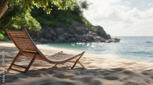 A wooden beach chair with woven fabric sits on the sand of an exotic island.