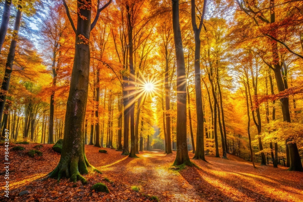 Vibrant autumn hues and sunlight merge to create a mesmerizing display, casting a serene atmosphere across the forest's tranquil landscape. Vibrant autumn hues and sunlight merge to create a mesmerizing display, casting a serene atmosphere across the forest's tranquil landscape.