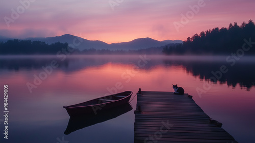 A peaceful moment of a lakeside dock at dawn, featuring a softly glowing sunrise and a rowboat bobbing gently while a cat lounges at the end of the pier, evoking the quiet charm of photo