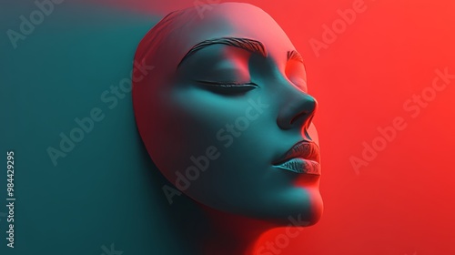 A woman's face is shown in a blue and red background