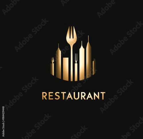 logo design for a restaurant featuring modern buildings and cutlery, with the text 