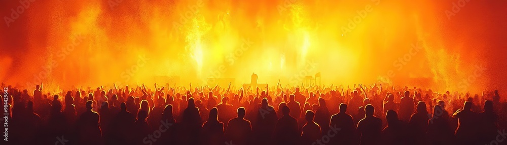 Obraz premium A dramatic scene of fire and chaos, showcasing an overwhelming display of flames against a darkened crowd silhouette.