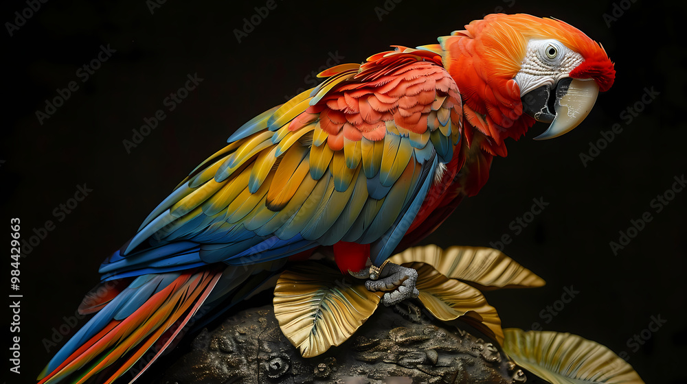 Obraz premium Luxurious Scarlet Macaw with an open tail, full face, jewelry