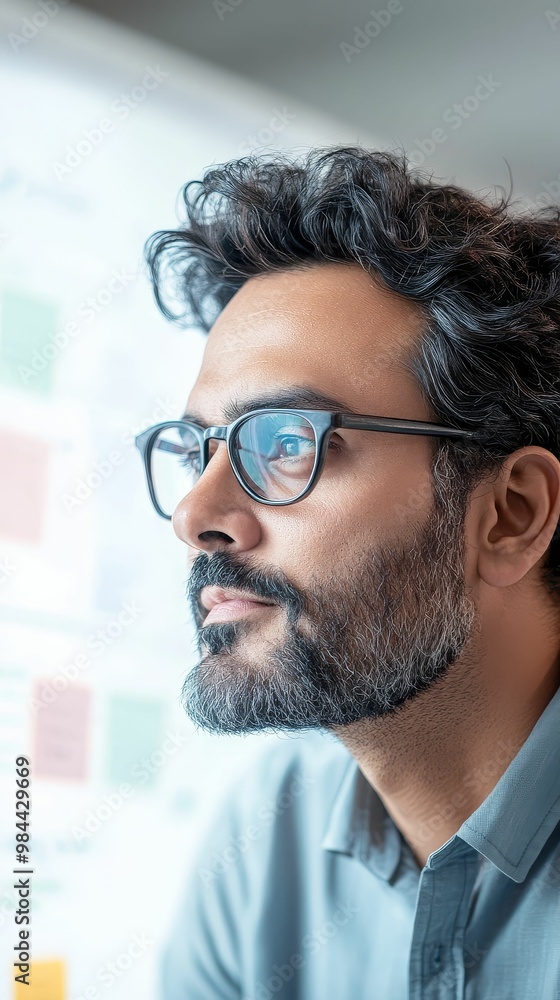 Startup founder in a casual setting, brainstorming ideas on a whiteboard, reflecting the dynamic Indian business scene Startup founder in a casual setting, brainstorming ideas on a whiteboard, reflecting the dynamic Indian business scene