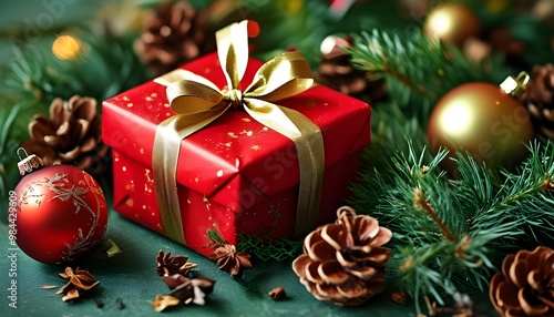 Festive holiday scene with a red gift adorned with a golden bow, surrounded by pine needles and ornaments against a vibrant green background