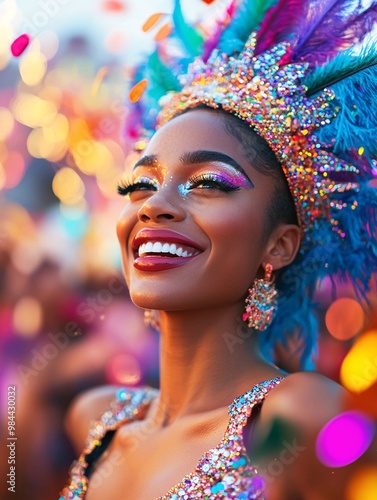 Smiling Woman Celebrating Carnival Outdoors with Colorful Glitter and Feathered Headpiece