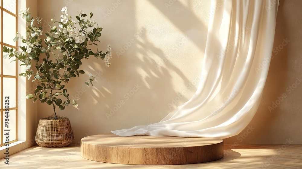 A serene interior scene featuring soft drapes, a wooden platform, and a potted plant, perfect for showcasing products or decor. A serene interior scene featuring soft drapes, a wooden platform, and a potted plant, perfect for showcasing products or decor.