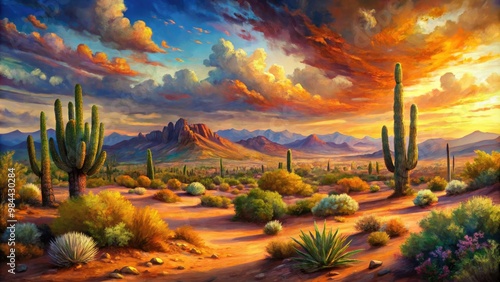 Vibrant hues and layered textures blend in a desert landscape painting, imbuing the scene with a sense of depth, complexity, and fierce majesty. photo