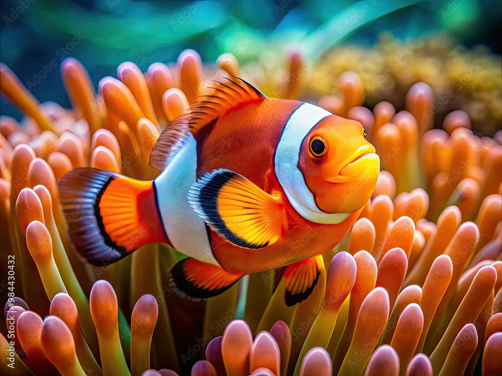 Vibrant orange and white clownfish glide effortlessly through the intricate patterns of a vibrant coral reef, surrounded by a kaleidoscope of sea anemones and schools of small fish. Vibrant orange and white clownfish glide effortlessly through the intricate patterns of a vibrant coral reef, surrounded by a kaleidoscope of sea anemones and schools of small fish.