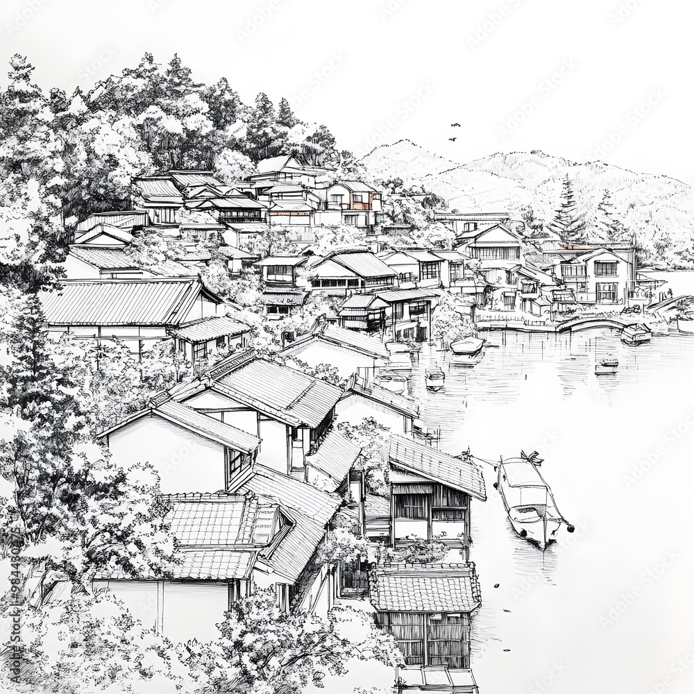 Fototapeta premium Japanese-style 2D illustrator doodle cartoon for floor tiles and wallpaper