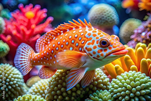 Vibrant orange and white spotted oyster fish swim alongside vibrant coral in the clear ocean waters, their scales sparkling with every movement.