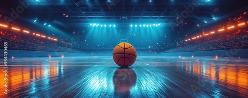 Wallpaper Mural A vibrant basketball on a polished court, illuminated by dynamic stadium lights, ready for an exciting game. Torontodigital.ca