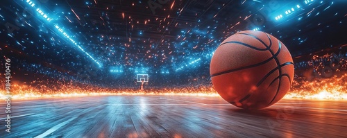 Wallpaper Mural Dynamic basketball scene with an orange ball rolling across a polished wooden court, illuminated by vibrant blue lights. Torontodigital.ca