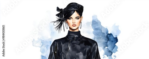 Grunge fashion, edgy black outfits, gritty urban runway, sketch-inspired Watercolor style photo