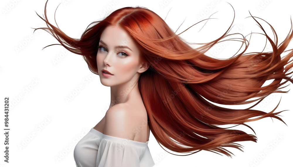 long woman portrait space wind flying banner red beautiful straight hair copy portrait beautiful red woman long straight hair model care style elegant healthy dress salon coiffure make-up girl