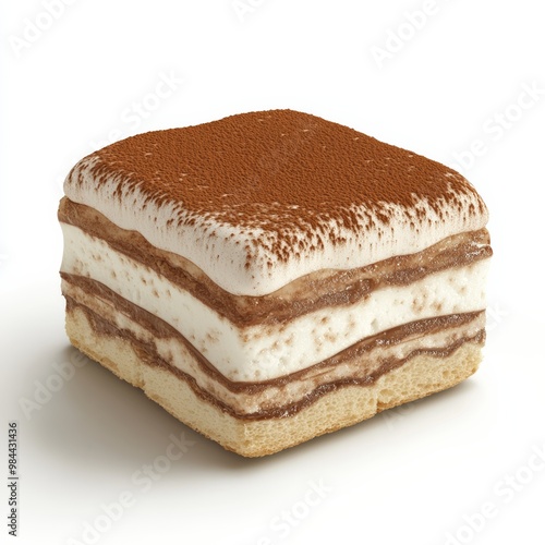 Detailed 3D rendering of a creamy, layered tiramisu dessert, isolated on white