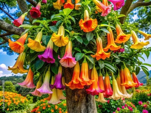 Wallpaper Mural Vibrant trumpet-shaped flowers burst forth on a towering tree in a lush garden, surrounded by verdant foliage and vibrant colors. Torontodigital.ca