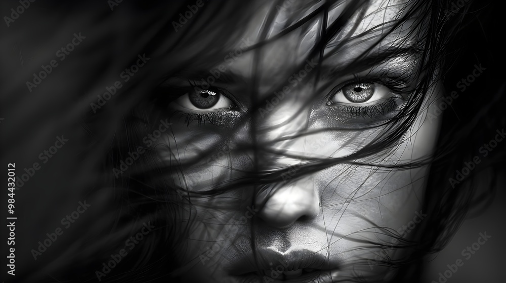 Fototapeta premium Intense Portrait Capturing Emotions Through Dynamic Hair Movement. AI Generated