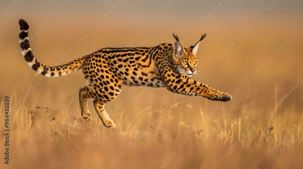 Obraz premium Powerful and Agile Leopard Stalking Prey in Golden Savanna Landscape