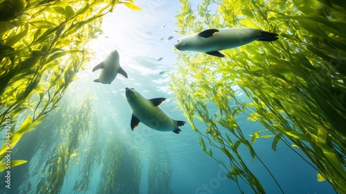 Seals Swimming Among Kelp Forest Under Crystal Water