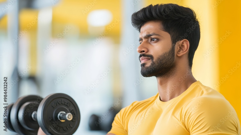 Indian man lifting weights in a modern gym, focused on building strength and fitness Indian man lifting weights in a modern gym, focused on building strength and fitness