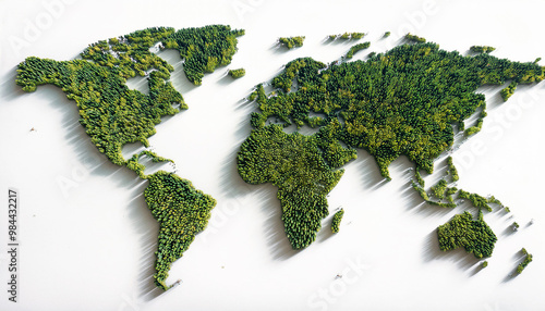 World map covered in trees and water, isolated on a white background. Concept for Earth Day and Environment Day. 